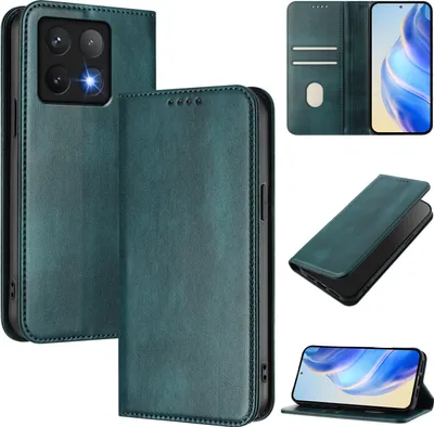 Produktbild von Handyhülle für Xiaomi 14T Pro, Vintage Leder RFID Schutz Kartenfach Standfunktion Magnetische Klapphülle Grün