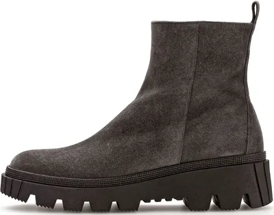 A single gray suede boot with a thick lug sole is shown against a white background.