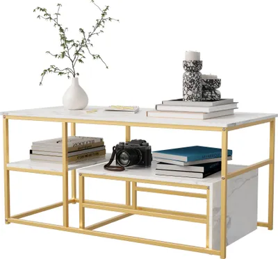 Image de Table basse gigogne carrée en marbre blanc avec structure dorée – Ensemble moderne 2 pièces