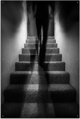 Produktbild von Wallario Outdoor-Poster für Garten oder Balkon, Motiv Mysteriöse Treppe mit Schattenfigur - Schwarzweiß, in ca. 61 x 91,50 cm