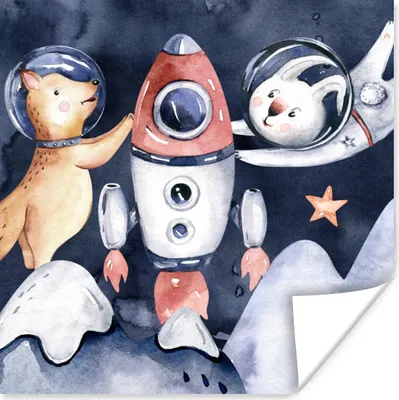 Produktbild von MuchoWow® Poster Weltraum - Rakete - Kaninchen - Jungen - Mädchen - Kinder 50x50 cm - Wohnzimmerdekoration