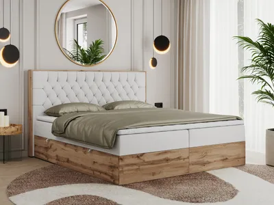 Produktbild von MKS MEBLE Boxspringbett 160x200 mit Bettkasten Eiche, Polsterbett 160x200 mit Matratze H3, Bett 160x200 mit Kopfteil, Bett mit Holzrahmen in Wotan Eiche - Weiß Kunstleder - Amore