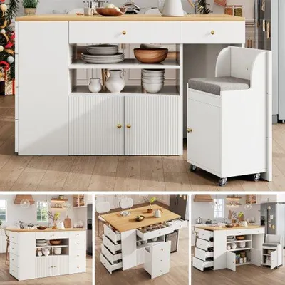 Immagine prodotto di Isola da cucina, credenza con sgabelli da bar, mobile da cucina con 6 cassetti e sgabelli, larghezza regolabile 140*40(70)*89 cm, bianco