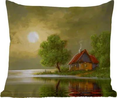 Produktbild von MuchoWow® Outdoor Kissen - Gemälde - Ölfarbe - Haus - Natur - Wasser - 40x40 cm - Wetterfest - Lounge Kissen - Kopfkissen - Interieur - Polster mit Bild