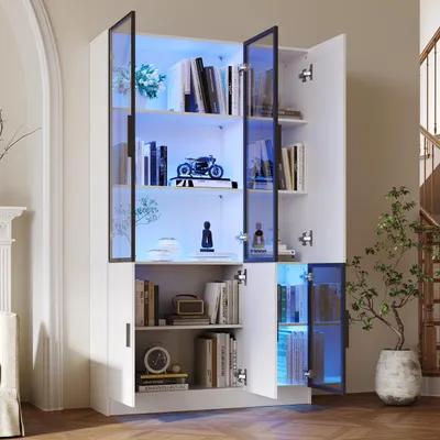 Produktbild von STILVORA Vitrine mit LED-Beleuchtung,Standvitrine Vitrinenschrank mit 3 Glastüren&Aluminiumrahmen,Glasvitrine mit Lagerbereiche,weiß