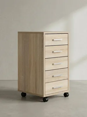 Bürocontainer aus beschichteter Spanplatte in heller Holzfarbe in einer seitlichen Perspektive zur genauen Darstellung der Tiefe._#sku_BARWL5.272#