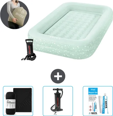 Produktbild von Intex Kidz Luftmatratze - 1 Person - 107 x 168 x 25 cm - Mintgrün - Inklusive Pumpe - Spannbettuch - Pumpe en Reperaturset