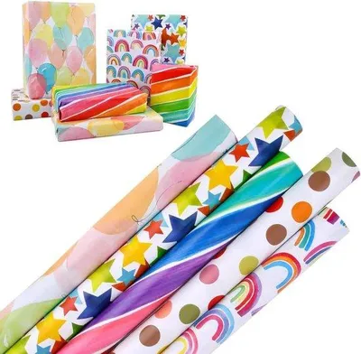 Productafbeelding van 5 kleurrijke rollen papier voor knutselen, 45 cm x 3 meter, met regenboogstippen, ballonsterrenmotieven. Geschikt voor verjaardagsfeestjes, bruiloften, cadeaus