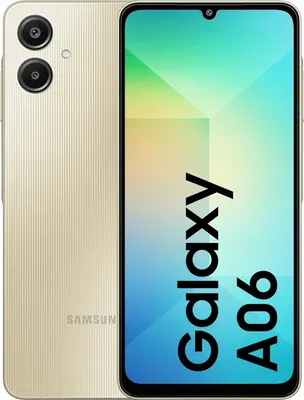 A product shot of a gold Samsung Galaxy A06 smartphone, showing both the back and front of the device.