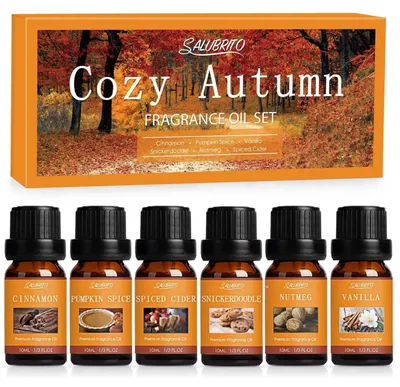 Produktbild von Ätherische Öle Set für Diffuser 6 x 10ml – Zimt, Kürbisgewürz, gewürzter Apfelwein, Snickerdoodle, Vanille, Muskatnuss Orange