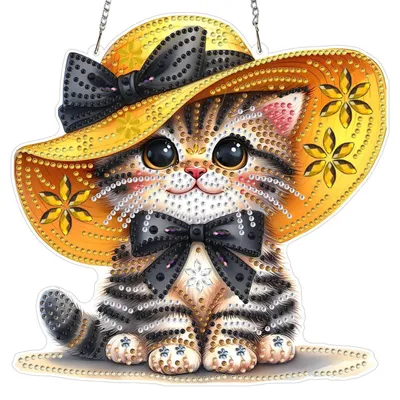 Immagine prodotto di Set per diamond painting "Gatto con cappello", 5D, ideale per decorare finestre, dimensioni 20x20 cm