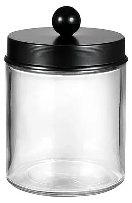 Productafbeelding van Transparante glazen pot met een inhoud van 280 ml en een zwarte deksel, ideaal als organizer voor de badkamer, voor het n van bijvoorbeeld wattenschijfjes, wattenstokjes en badzout.