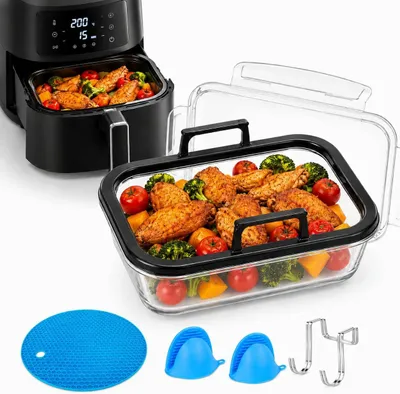 Produktbild von Glas Auflaufform mit Deckel für Airfryer& Heißluftfritteuse, Mikrowelle und Kühlschrank und Ofen, 20,3 × 15,5 × 9,4 cm, 1040ml, Auslaufsicher, Hitzebeständig bis 240°C, Spülmaschinenfest