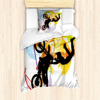Immagine prodotto di ABAKUHAUS Set copripiumino per sport estremi, tema motocross con cavaliere su sfondo colorato e composizione multicolore, 135 x 200 cm + 80 x 80 cm, multicolore