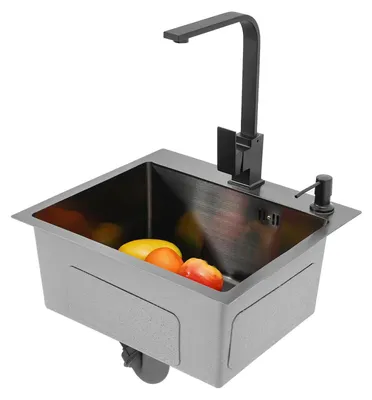 Obrázek produktu pro Sada kuchyňského dřezu – vestavný dřez s jedním umyvadlem z nerezové oceli – s nano-povlakem – s vodovodní baterií a dávkovačem mýdla – na desku / pod desku – světle šedá