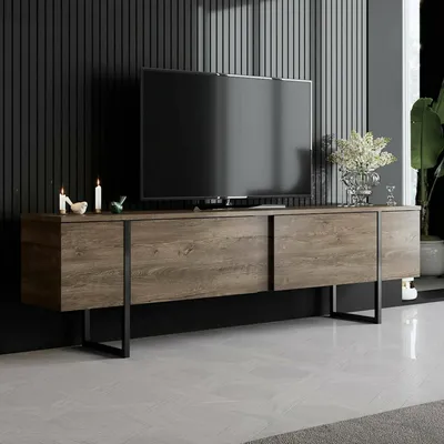 Image de Abishia - Meuble TV, 180x30x50h cm Noyer Marron, une étagère