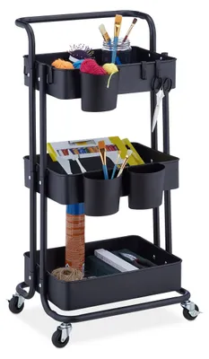 Image de Chariot de service, 3 étagères, 2 freins, chariot multifonctionnel pour la cuisine et le bureau, étagère à roulettes H x L x P 86 x 38 x 39 cm, métal, noir