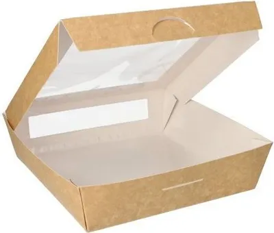 Produktbild von Feinkostboxen, Pappe mit Sichtfenster aus PLA eckig 1500 ml 19 cm x 19 cm x 5 cm braun