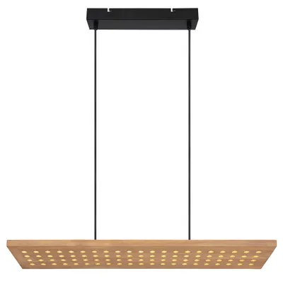 A rectangular pendant light with a wooden base and a black metal top, suspended by black cords against a white background.