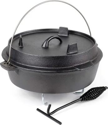 Zdjęcie produktu dla Dutch Oven 6l z podstawką i podnośnikiem pokrywy, żeliwny garnek do gotowania na ognisku i kempingu