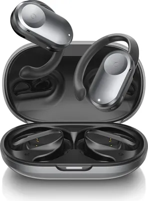 A pair of wireless earbuds and their charging case are displayed against a white background.