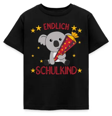 Produktbild von Spreadshirt Endlich Schulkind Koala Einschulung Koalabär Kinder T-Shirt, 122/128 (7-8 Jahre), Schwarz