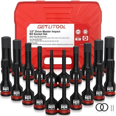 Productafbeelding van Kraft slagmoersleutels, 20-delige set, S2-staal, bitset, 1/2", zeskant en Torx, 5-19mm, T25-T80, 78mm lengte