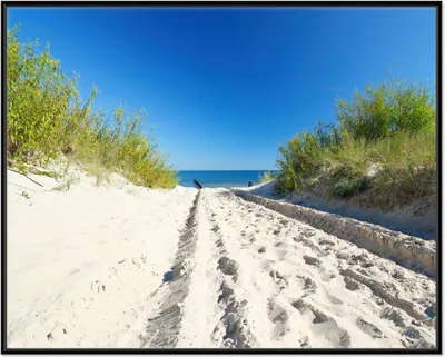 Produktbild von Wallario Wandbild Auf dem Sandweg zum Strand - Blauer Himmel über dem Meer, Größe: 40,30 x 50,30 cm, Poster mit schwarzem Aluminiumrahmen