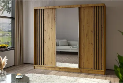 Produktbild von Schiebetürenschrank NELA II 240cm - 3-türig Kleiderschrank, Garderobe, Schrank mit Spiegeln & 4 Schubladen, Farbe: Artisan Eiche + Schwarz
