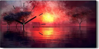 Produktbild von Leinwand Uhr Küche Wohnzimmer Bild 60x30 Bild See abstrakt Sonnenuntergang Baum - schwarze Hände