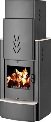 A dark gray wood-burning stove with a glass door showing a fire inside, set against a white background.