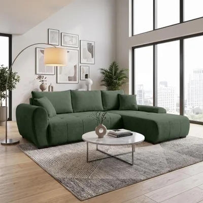 Obrázek produktu pro BEAUTYSOFA Rohová sedačka ve tvaru L, model DALLAS, 255 cm. Rohová sedačka s úložným prostorem a možností rozložení na lůžko, zelená barva, potahová látka, s područím vpravo, Obrázek vytvořený pomocí AI