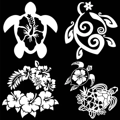 Produktbild von Set mit 4 Aufklebern: Hibiskusblumen und Schildkrötenauto – wasserdicht und reflektierend