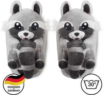 Produktbild von Corimori Süße Plüsch Hausschuhe (10+ Designs) Waschbär Lina Slipper Einheitsgröße 25-33.5 Uni Pantoffeln Grau Schwarz