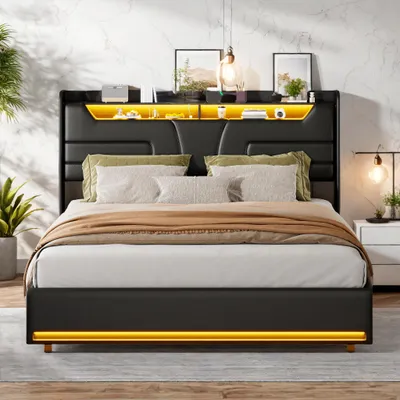 Productafbeelding van ProximaX gestoffeerd bed, 140x200 cm, zwart, gemaakt van Polyurethanmateriaal, met LED-lichtstrips in het hoofdeinde en voeteneinde, USB-oplaadpoort, opbergruimte onder het bed, voor een comfortabele nachtrust, slaapkamer