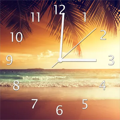 Produktbild von Wallario Design Wanduhr Sonnenuntergang am Strand in der Karibik aus Echtglas, Größe 30 x 30 cm