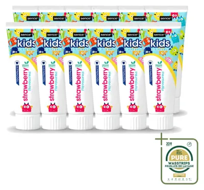 Produktbild von 12 x Sence Kindertandpasta 3-8 Jahre - Erdbeergeschmack - Vegan - 75 ml - Vorratspackung - 12 Stücke