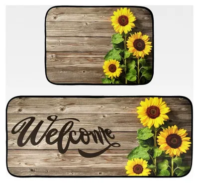 Produktbild von 2-teiliges Küchenteppich-Set mit Sonnenblumenmotiv auf Holzbrett, rutschfest und waschbar, Flurläufer für die Küche