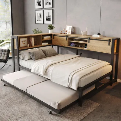 Produktbild von Merax Metallbett Kinderbett 120x200 cm mit Ausziehbett 90x190 cm, Stauraum-Kopfteil mit Schiebetüren und Ladefunktion, Tagesbett Gästebett, Schwarz