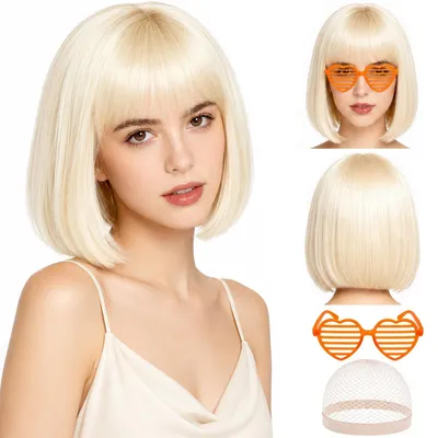 Produktbild von Kurzer, orangefarbener Bob-Perücke mit Pony für Damen