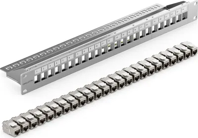 Produktbild von deleyCON 24 Port CAT7 Patchpanel SET Patchfeld Verteilerfeld Modular 1 HE 19" Zoll Rackeinbau + 24x CAT 7 Keystone Module RJ45 LAN Netzwerk 10 Gbit/s 600 MHz Verlegekabel Grau