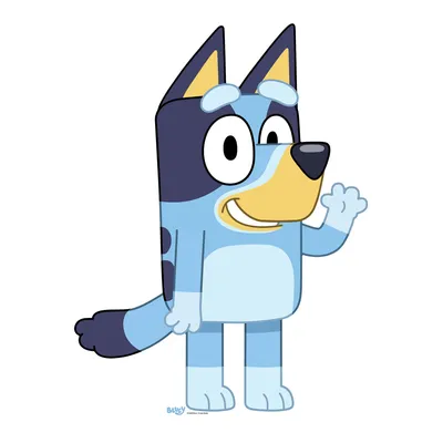 A cartoon dog character, Bluey, standing and waving.