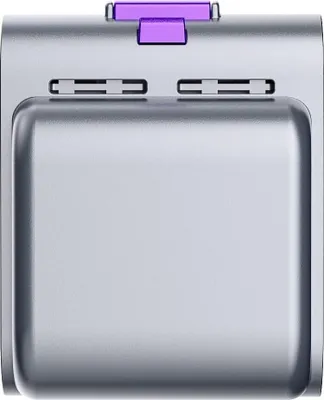 A close-up, top-down view of a silver electronic device with a purple accent on top.