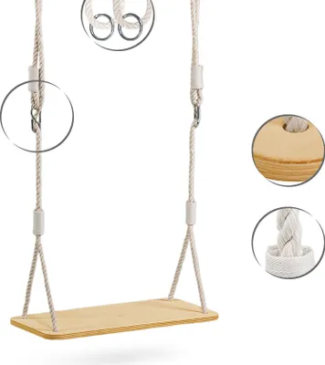 A wooden swing with rope hangers, shown against a white background with close-up details of the hardware and wood grain.