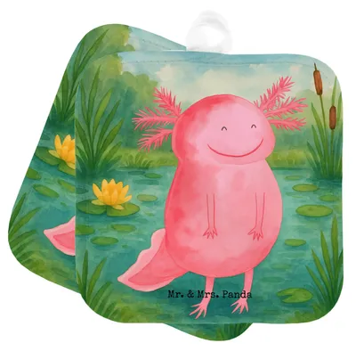 Produktbild von Mr. & Mrs. Panda Topfuntersetzer Axolotl Glücklich Design - Weiß - Geschenk, Kochlappen, Motivation, Lebensfroh, Gute Laune, Doppel Topflappen, Lurch, topfhalter, Set