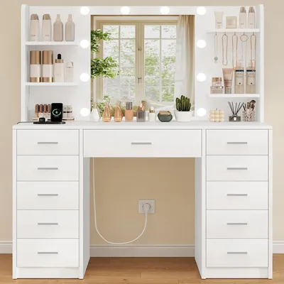 Immagine prodotto di Comò da trucco con illuminazione integrata - Tavolino da trucco - Organizzazione per cosmetici - Funzione di ricarica integrata - 11 cassetti - Bianco