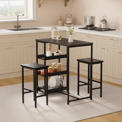 Produktbild von 3-teiliges Esszimmer-Set mit Esstisch und 2 Barhockern, Metallgestell, Holzoptik, Ablagefächern, platzsparend, Schwarz