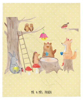 Produktbild von Mr. & Mrs. Panda Tagesdecke Waldtiere Picknick - Gelb Pastell - Geschenk, Flauschige Decke, Eichhörnchen, Fuchs, Igel, Lustige Sprüche, Kuscheldecke, Maus, Hase, Plaid
