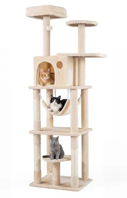 Produktbild von COSTWAY Mehrstöckiger Kratzbaum mit Sisalpfosten, 168cm Katzenkletterturm mit Liegeplätzen, Hängematte, Katzenhöhle&hängenden Spielbällen, Katzenmöbel