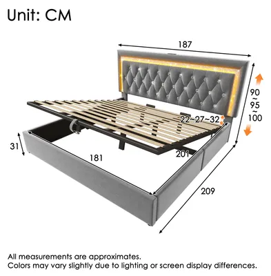 Productafbeelding van Bekleed bed 180 x 200 cm van fluweel met LED-diamantstrip, USB, Type-C, bedbox met hydraulisch mechanisme, verstelbaar hoofdbord, grijs